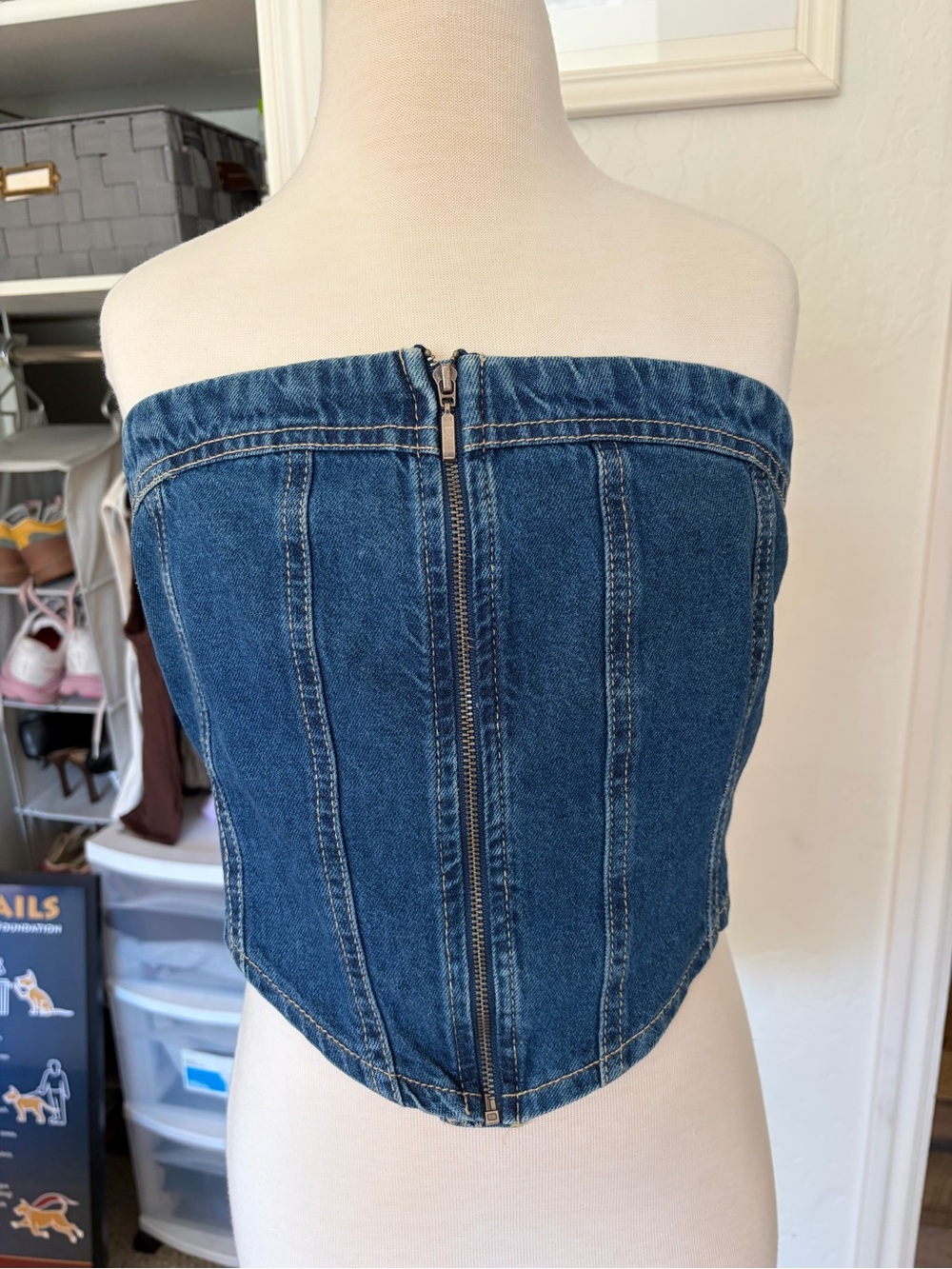Denim Strapless Zip-Up Corset Top - Classic Blue